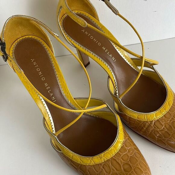 Yellow Mustard Crocodile Embossed Leather Heels 7 - Picture 4 of 14